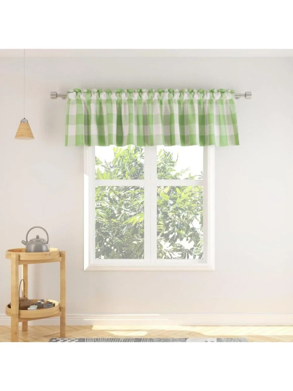 3 Pc Mint Green & White Buffalo Check Farmhouse Kitchen Curtain Set, 54x18